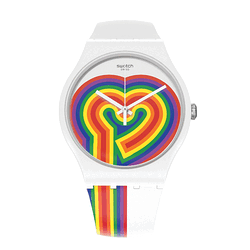 Swatch BEATING LOVE Valentines Day White Silicone Strap Rainbow Heart  Dial SUOW171