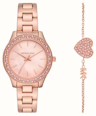 Michael Kors Liliane | Rose Gold Tone Watch And Crystal Heart Bracelet Set MK1068SET