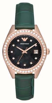 Emporio Armani Women's | Black Mother-of-Pearl Dial | Crystal Set | Green Leather Strap AR11506
