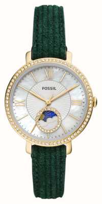 Fossil Jacqueline | Mother-of-Pearl Sun Moon Dial | Green Leather Strap ES5244