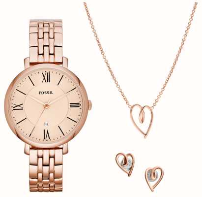 Fossil Jacqueline Gift Set | Rose Gold-Tone Watch | Heart Pendant Necklace | Heart Stud Earrings ES5252SET