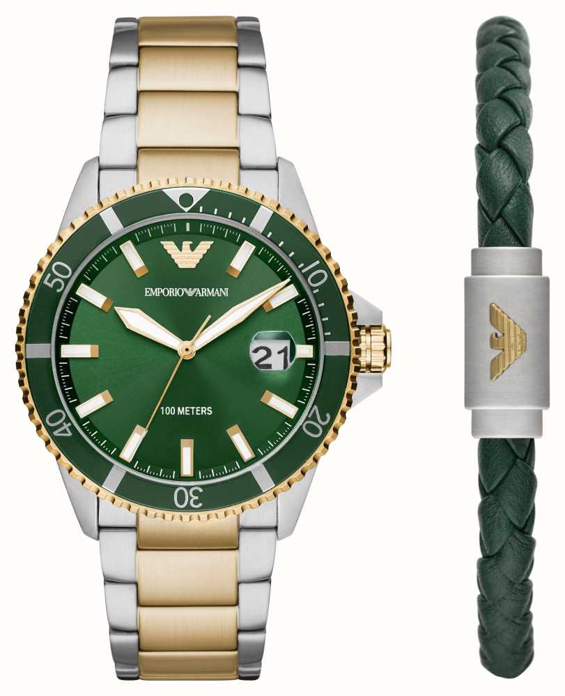 Emporio Armani Men's Giftset | Green Dial | Two Tone Bracelet | Green  Leather AR80063SET - First Class Watches™ IRL