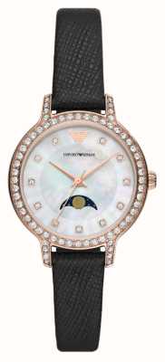 Emporio Armani Women's | Mother-of-Pearl Moonphase Dial | Black Leather Strap AR11514