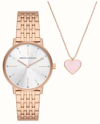 Armani Exchange Women's Giftset | Rose Gold Stainless Steel Watch | Pink Heart Necklace AX7145SET
