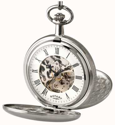 Rotary Automatic Skeleton Pocket Watch (45mm) White Dial / Stainless Steel Case & Chain MP00726/01