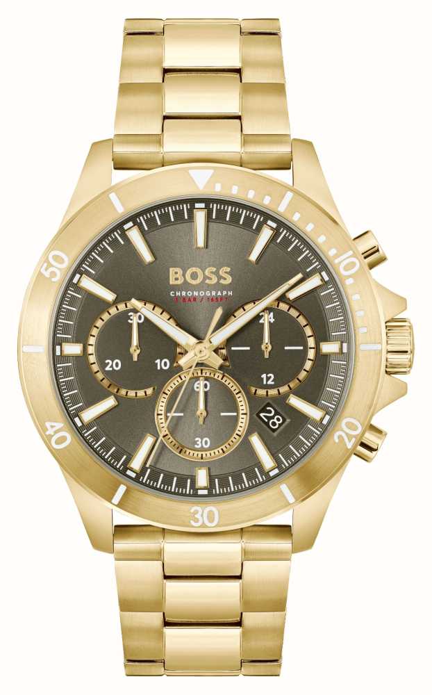 BOSS Men\'s Troper | Khaki Chronograph Dial | Gold Stainless Steel Bracelet  1514059 - First Class Watches™ IRL