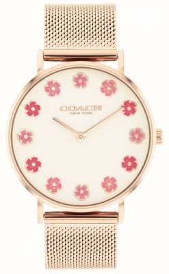 Coach Women's Perry | White Dial | Pink Flowers | Rose Gold Steel Mesh Bracelet 14504101