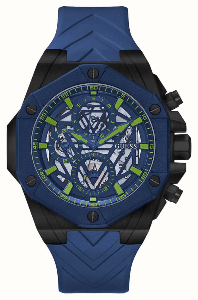 Guess Men s Blue Skeleton Dial Blue Silicone Strap GW0579G3