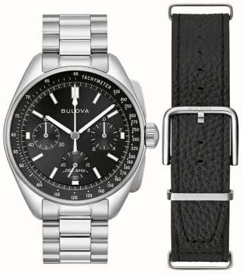 Bulova Men's Lunar Pilot Chronograph Black Dial / Stainless Steel Bracelet and Black Leather Strap Set 96K111