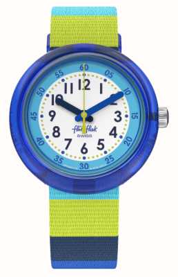 Flik Flak STRIPY BLUE Blue and White Dial / Green and Blue Stripe Fabric Strap FPNP112