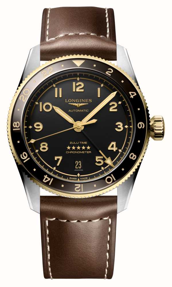 LONGINES SPIRIT ZULU TIME 39mm Black Dial Brown Leather Strap