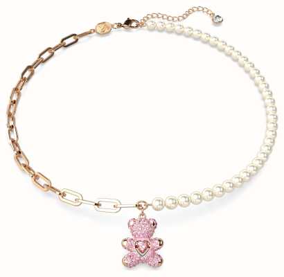 Swarovski Teddy Pendant Necklace Rose Gold-Tone Plated Pink Crystals Pearl Beads 5669166