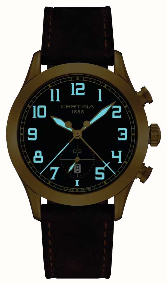 Certina DS Pilot Quartz 43mm Green Fum Dial Brown Leather