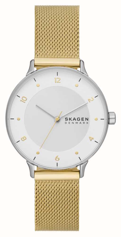 Skagen Riis (36mm) White Dial / Gold-Tone Steel Mesh Bracelet