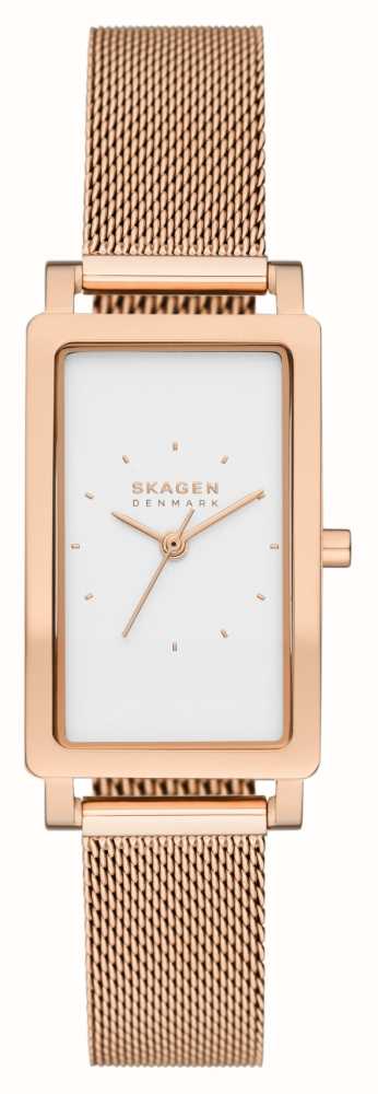 Skagen Hagen (22mm) White Rectangular Dial / Rose Gold-Tone Steel