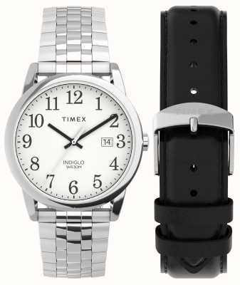 Timex Men's Easy Reader Box Set (38mm) White Dial / Stainless Steel and Black Leather Strap Set TWG063200