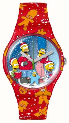 Swatch x The Simpsons WONDROUS WINTER WONDERLAND (41mm) Simpson-Printed Dial / Red Printed Silicone Strap SUOZ361
