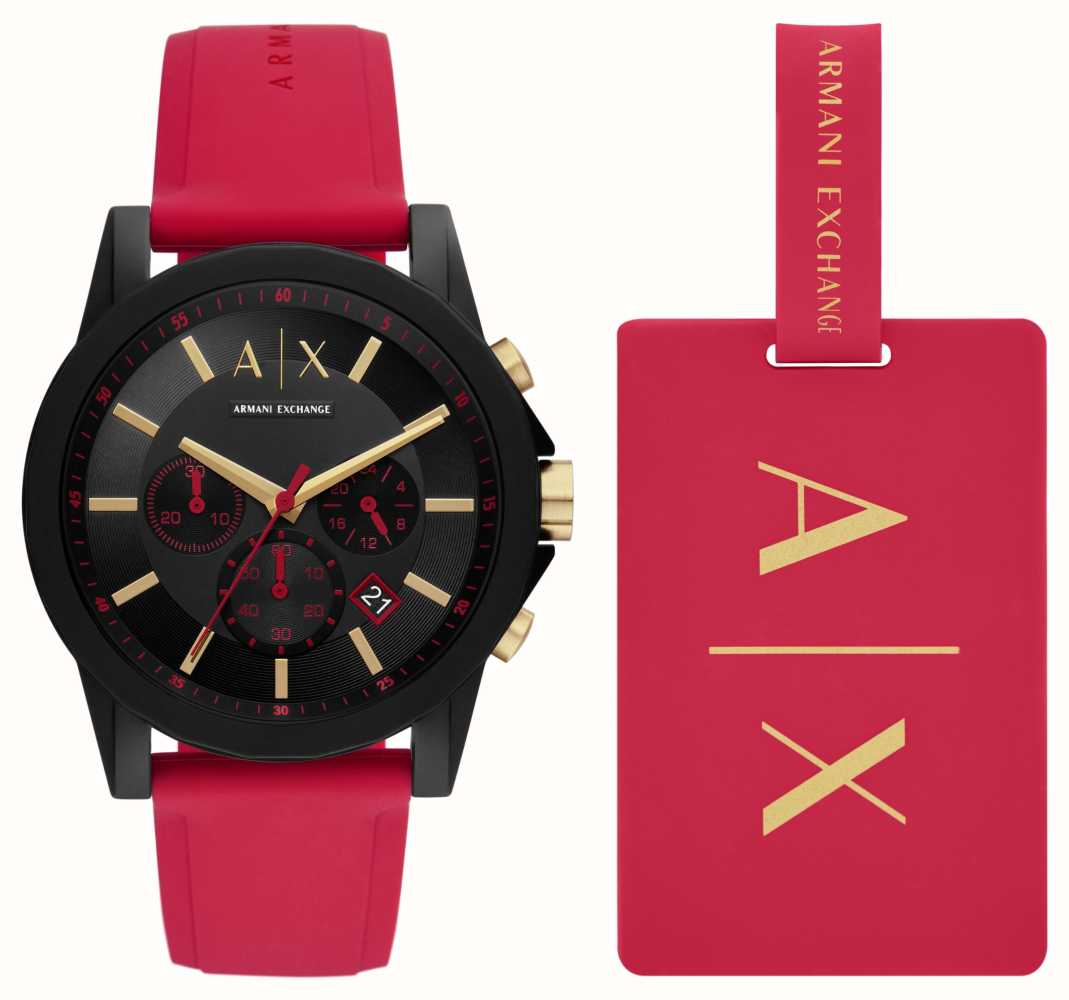 Armani Exchange Men s Gift Set 44mm Black Dial Red Silicone