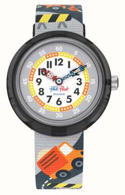 Flik Flak BUILD IT UP (31.85mm) White and Grey Dial / Builder Pattern Fabric Strap FBNP217