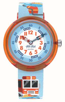 Flik Flak Kid's FIRE STOPPER (31.85mm) White and Blue Dial / Fire Engine Pattern Fabric Strap FBNP218