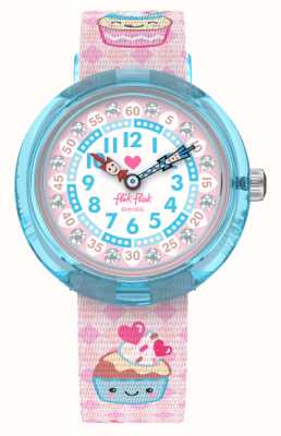 Flik Flak Kid's BAKE IT UP (31.85mm) White and Pink Dial / Pink Cake Patterned Fabric Strap FBNP219