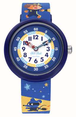 Flik Flak Kid's PAWS UP (31.85mm) White and Blue Dial / Blue Police Dog Patterned Fabric Strap FBNP221