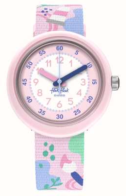 Flik Flak Kid's ART LOVER (31.85mm) White and Pink Dial / Pink Art Patterned Fabric Strap FPNP142