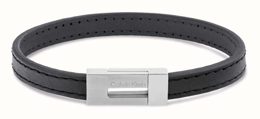 Calvin Klein Men's Exposed Black Leather and Stainless Steel Bracelet 35100020