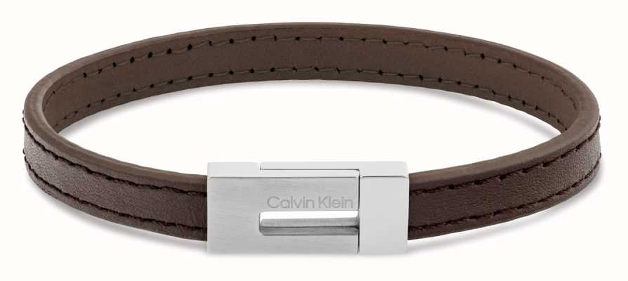 Calvin Klein Men's Exposed Brown Leather and Stainless Steel Bracelet 35100021