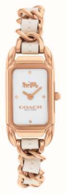 Coach Women's Cadie White Rectangle Dial / White Leather Rose Gold Stainless Steel Bracelet 14504283