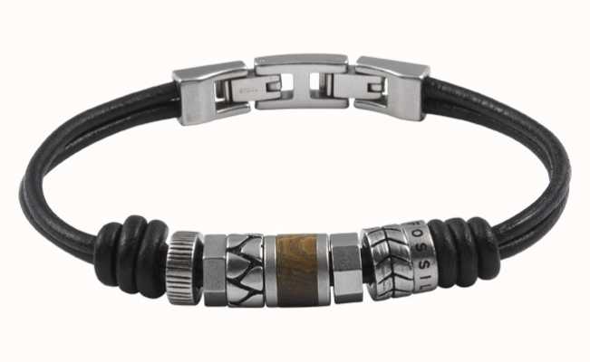Fossil Men's Leather Stainless Steel Beaded Bracelet JF84196040