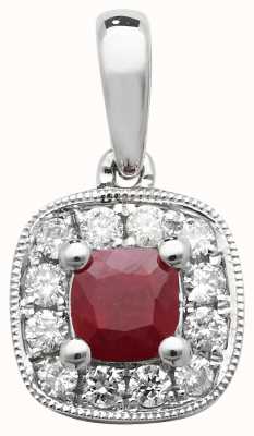 James Moore TH 9k White Gold Diamond and Ruby Cushion Pendant PD242WR