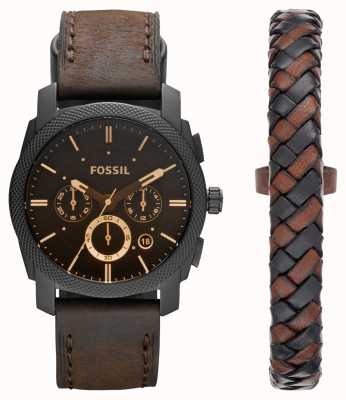 Fossil Men's Machine Gift Set | Black Chronograph Dial | Brown Leather Strap | Leather Bracelet FS5251SET