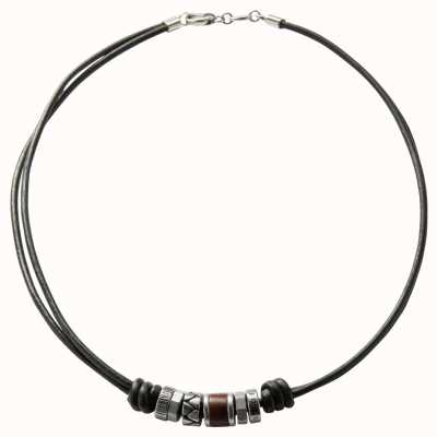 Fossil Men's Leather and Stainless Steel Beaded Necklace JF84068040
