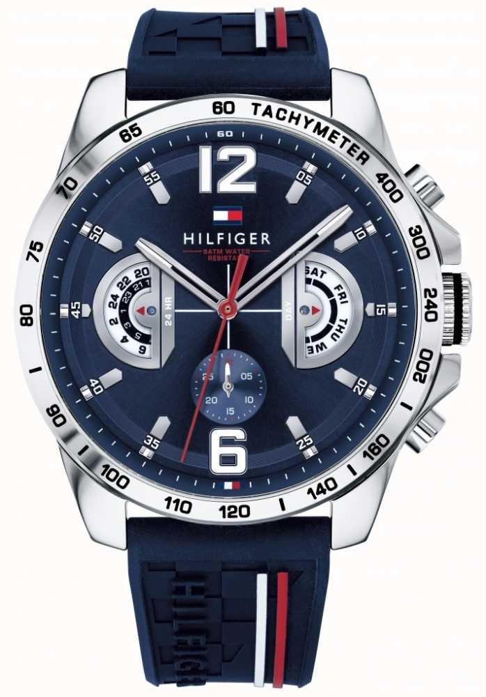 tommy hilfiger men's grey ip blue dial bracelet watch