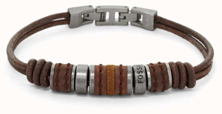 Fossil Men's Brown Leather and Stainless Steel Bead Bracelet JF00900797