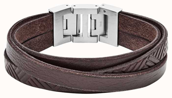 Fossil Men's Brown Leather Multi-Strand Stainless Steel Bracelet JF02999040