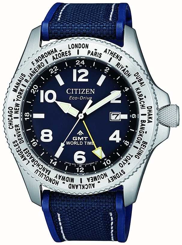 Citizen Men's Eco-Drive Promaster GMT Blue Dial Blue Canvas Strap Watch  BJ7100-15L - First Class Watches™ IRL