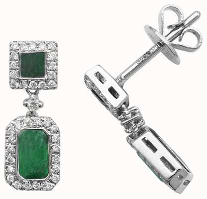 James Moore TH 9k White Gold Diamond Emerald Drop Earrings ED253WE