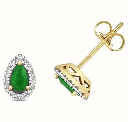 James Moore TH 9k Yellow Gold Diamond Emerald Stud Earrings ED265E