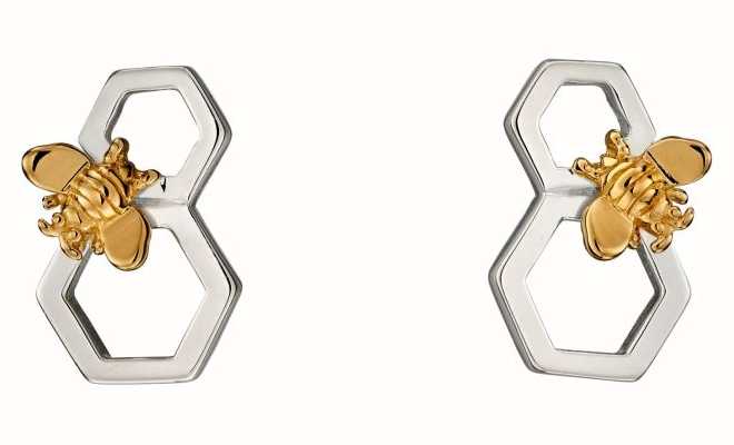 Elements Silver Silver Gold Plate Bee Honeycomb Stud Earrings E5676