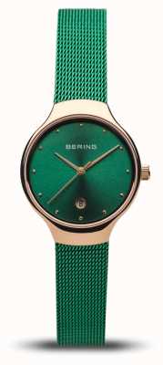Bering Women's Classic | Green Mesh Strap | Polished Rose Gold 13326-868