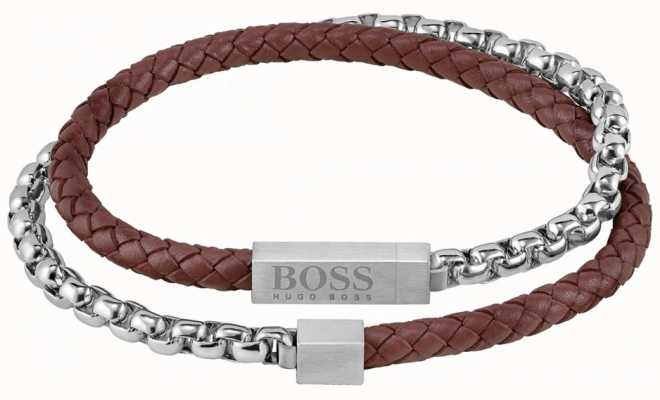 BOSS Jewellery Men's Brown Leather And Steel Chain Mixed Wrap Bracelet 1580149M