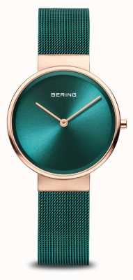 Bering Classic | Green Sunray Dial | Green Milanese Strap | Brushed Rose Gold Stainless Steel Case 14531-869