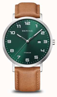 Bering Titanium | Green Sunray Dial With Date Window | Brown Leather Strap | Brushed Titanium Case 18640-568