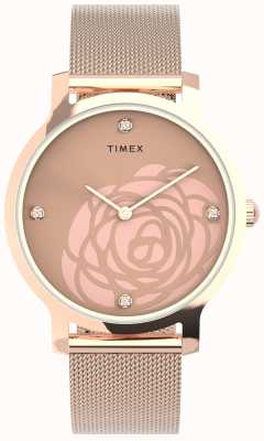 Timex Wms Transcend Floral Cutout Rose Gold-tone Case And Mesh Bracelet TW2U98100