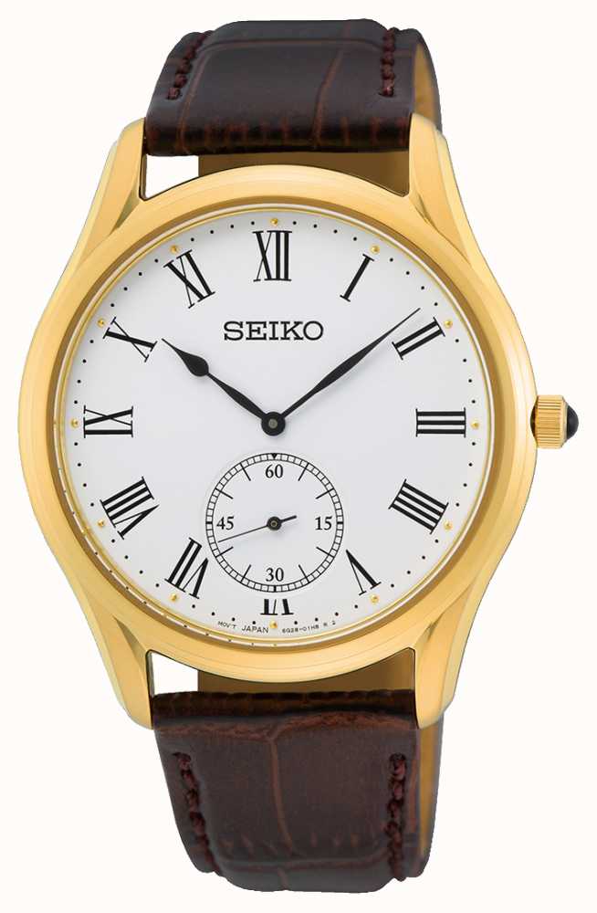 Seiko Brown Leather Strap White Dial Yellow Gold-plated Watch SRK050P1 -  First Class Watches™ IRL