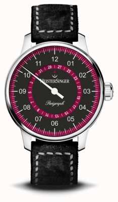 MeisterSinger Perigraph Black/Red Dial Black Vintage Hand Seam Strap AM1002R