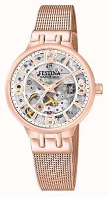 Festina Ladies Rose Gold-Toned Skeleton Auto Watch W/Mesh Bracelet F20581/2