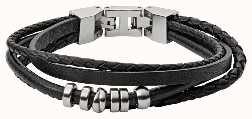 Fossil Men's Black Leather Stainless Steel Bracelet JF03183040